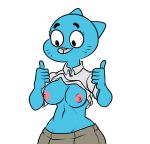  2019 anthro areola blue_body blue_fur breasts cartoon_network clothed clothing clothing_lift crotch_lines domestic_cat dzk erect_nipples felid feline felis female flashing fur gesture hi_res mammal nicole_watterson nipples presenting presenting_breasts shirt shirt_lift simple_background solo the_amazing_world_of_gumball thumbs_up topwear white_background 