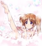  1girl :o artist_name bangs barefoot bath bathing blowing breasts brown_hair bubble bubble_bath commentary_request dated eyebrows_visible_through_hair highres kneepits kuroi_mimei leg_up long_hair looking_to_the_side lyrical_nanoha mahou_shoujo_lyrical_nanoha_strikers medium_breasts nude parted_lips purple_eyes side_ponytail signature sitting soap_bubbles solo takamachi_nanoha 