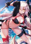  1girl absurdly_long_hair absurdres alter_(kxk7357) arm_up belt belt_buckle bent_over bikini bikini_top black_belt black_bikini black_gloves blue_sky breasts buckle cleavage collarbone day eyebrows_visible_through_hair fate/grand_order fate_(series) floating_hair gloves grin hair_between_eyes highres holding holding_sword holding_weapon jeanne_d&#039;arc_(alter_swimsuit_berserker) jeanne_d&#039;arc_(fate)_(all) long_hair long_sleeves looking_at_viewer medium_breasts o-ring o-ring_bikini outdoors palm_tree print_bikini red_legwear revision sheath shiny shiny_skin shrug_(clothing) silver_hair single_thighhigh sky smile solo sun swimsuit sword thigh_strap thighhighs tree very_long_hair weapon yellow_eyes 