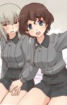  2girls :d akaboshi_koume bangs black_skirt blue_eyes blush brown_hair commentary_request dress_shirt eyebrows_visible_through_hair frown girls_und_panzer grey_shirt half-closed_eyes highres holding_hands insignia itsumi_erika kuromorimine_school_uniform leaning_forward long_sleeves looking_at_viewer looking_away medium_hair miniskirt multiple_girls open_mouth pleated_skirt school_uniform self_shot shirt short_hair silver_hair skirt smile uona_telepin wavy_hair wing_collar 