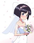  1girl bangs bare_shoulders black_eyes black_hair blunt_bangs blush bob_cut bouquet bow bridal_veil closed_mouth commentary dress eyebrows_visible_through_hair flower frilled_armband girls_und_panzer hair_bow hair_flower hair_ornament holding holding_bouquet kayabakoro looking_at_viewer petals revision see-through short_hair smile solo sono_midoriko standing strapless strapless_dress veil wedding_dress white_background white_bow white_dress 