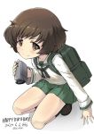  1girl akiyama_yukari backpack bag bangs black_footwear black_legwear black_neckwear blouse brown_eyes brown_hair buchikaki camera closed_mouth commentary dated english_text eyebrows_visible_through_hair girls_und_panzer green_skirt happy_birthday holding holding_camera kneeling loafers long_sleeves looking_at_viewer messy_hair miniskirt neckerchief ooarai_school_uniform pleated_skirt sailor_collar school_uniform serafuku shoes short_hair simple_background skirt smile socks solo twitter_username video_camera white_background white_blouse white_sailor_collar 