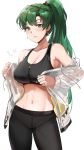  1girl absurdres bangs bare_shoulders black_pants black_sports_bra blush breasts cleavage collarbone earrings fire_emblem fire_emblem:_the_blazing_blade green_eyes green_hair high_ponytail highres jacket jewelry large_breasts long_hair long_sleeves looking_at_viewer lyn_(fire_emblem) navel off_shoulder open_clothes open_jacket ormille pants ponytail simple_background smile sports_bra thighs white_background white_jacket 