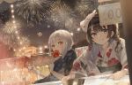  apple blue_eyes blush braids brown_hair candy festival fireworks food fruit japanese_clothes mask night original oyuyu red_eyes short_hair summer white_hair yukata 