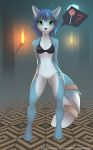  5_fingers absurd_res anthro barefoot black_nose blue_body blue_fur blue_hair bottomless canid canine clothed clothing detailed_background female fingers fox fur genitals green_eyes hair hi_res krystal mammal navel nintendo piranha_fish pussy smile solo star_fox video_games 