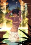  1boy abs arknights arsh_(thestarwish) bathing black_hair chest cloud commentary_request dark_skin jewelry looking_at_viewer muscle necklace night night_sky ornament see-through_silhouette shirtless sky solo star_(sky) starry_sky thorns_(arknights) washing_hair water waterfall wet wet_clothes wet_towel yellow_eyes 
