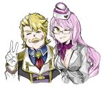  1boy 1girl blonde_hair breasts choker earrings epaulettes facial_hair garrison_cap glasses gloves goldorf_musik hat highres image_sample jacket jewelry koyanskaya large_breasts long_hair looking_at_viewer mustache necktie pink_hair ribbon ribbon_choker sakeno_rarukan smile twitter_sample white_gloves yellow_eyes 