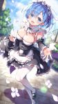  1girl :d bangs blue_eyes blue_hair blue_sky blurry blurry_background blush bow bowtie breasts cleavage cloud cloudy_sky commentary_request day detached_sleeves dress frilled_sleeves frills full_body hair_ornament highres large_breasts leg_up looking_at_viewer maid maid_dress maid_headdress medium_breasts open_mouth outdoors petals re:zero_kara_hajimeru_isekai_seikatsu rem_(re:zero) ribbon shiny shiny_hair shoes short_hair skirt_hold sky smile solo sunlight thighhighs tomose_shunsaku white_legwear wide_sleeves x_hair_ornament 