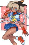  1girl bea_(pokemon) blue_eyes cosplay dakusuta dark_skin grey_hair hairband headband highres kasugano_sakura kasugano_sakura_(cosplay) leg_up midriff panties pantyshot pleated_skirt pokemon pokemon_(game) pokemon_swsh red_panties school_uniform serafuku skirt smile street_fighter street_fighter_v underwear 