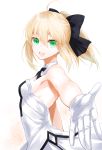  1girl ahoge artoria_pendragon_(all) blonde_hair bow breasts commentary_request detached_collar dress fate/grand_order fate_(series) flower gloves green_eyes hair_between_eyes hair_bow looking_at_viewer open_mouth ponytail saber_lily sideboob simple_background small_breasts solo strapless strapless_dress upper_body waka_(shark_waka) white_background 
