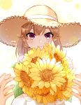  1girl bangs blush brown_hair closed_mouth commentary_request dress eyebrows_visible_through_hair flower hat hat_flower holding holding_flower long_hair looking_at_viewer nakiri_erina purple_eyes shokugeki_no_souma smile solo straw_hat sun_hat sunflower uiui_(hage04195) upper_body white_dress yellow_flower 