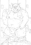  2020 anthro belly bodily_fluids bottomwear bulge clothing hi_res kemono male mammal monochrome moobs navel nipples overweight overweight_anthro overweight_male pants sippo solo suid suina sus_(pig) sweat towel underwear undressing wild_boar 