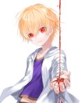  1boy blonde_hair child_gilgamesh collarbone commentary_request eyebrows_visible_through_hair fate/grand_order fate_(series) hair_between_eyes jacket long_sleeves looking_at_viewer red_eyes shirt simple_background slit_pupils solo upper_body waka_(shark_waka) white_background 