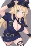  1girl bangs belt black_gloves blonde_hair blue_dress blue_eyes blush breasts cleavage closed_mouth collarbone dress fingerless_gloves gloves hachimiya_meguru hat idolmaster idolmaster_shiny_colors large_breasts long_hair looking_at_viewer police police_hat police_uniform policewoman shiseki_hirame short_dress smile uniform 