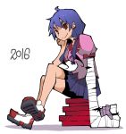  1girl 2016 bakemonogatari bandaged_arm bandages bangs bike_shorts blue_hair book breasts brown_eyes crossed_legs dowman_sayman hair_ribbon highres kanbaru_suruga low_twintails monogatari_(series) naoetsu_high_school_uniform pile_of_books pleated_skirt ribbon school_uniform shoes short_sleeves shorts shorts_under_skirt simple_background sitting skirt smile sneakers solo twintails white_background 