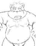  2018 anthro barely_visible_genitalia barely_visible_penis belly canid canine canis dekatanu domestic_dog genitals kemono male mammal monochrome moobs moritaka nipples overweight overweight_anthro overweight_male penis scar simple_background solo tokyo_afterschool_summoners video_games white_background 
