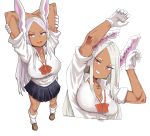  1girl animal_ears arms_up bangs black_skirt blush boku_no_hero_academia breasts brown_footwear bunny_ears cleavage collarbone commentary dark_skin dress_shirt from_above full_body gloves grin gyaru hands_up highres kogal large_breasts long_hair looking_at_viewer mipoog mirko multiple_views open_mouth pleated_skirt red_eyes school_uniform shirt shoes short_sleeves simple_background skirt smile socks standing stretch teeth white_background white_gloves white_hair white_legwear white_shirt 