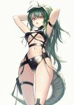  1girl antenna_hair arknights armpits arms_behind_head arms_up ass_visible_through_thighs bare_shoulders belt_pouch bikini black_bikini breasts cowboy_shot crocodilian_tail gavial_(arknights) green_hair groin highleg highleg_bikini highres itaco large_breasts long_hair looking_at_viewer multiple_straps navel open_mouth ponytail pouch shaded_face simple_background solo standing stomach swimsuit thigh_strap thighs underboob visor_cap white_background yellow_eyes 