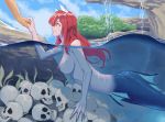  bare_shoulders big_breasts blue_body blue_scales bone breasts cave cliff clothed clothing detailed_background disembodied_head dorsal_fin female fin fish_tail hair hand_holding hi_res humanoid long_hair looking_at_another lu+ marine merfolk nipples partially_submerged plant red_hair scales shrub skull solo topless underwater water yellow_eyes 