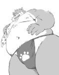  2018 anthro belly canid canine canis dekatanu domestic_dog eyes_closed kemono male mammal monochrome moobs moritaka navel nipples overweight overweight_anthro overweight_male scar simple_background solo tokyo_afterschool_summoners video_games white_background 