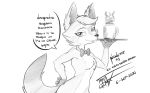  anthro antoinette_(el_senor_erizo) beverage bow_tie canid canine coffee coffee_mug dialogue dirty_talk fangs female fox hi_res mammal monochrome nude signature simple_background solo spanish_text taka_studio text 