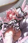  1girl :o amamami_prime ass azur_lane bangs bare_shoulders breasts dress floating_hair frilled_dress frills headdress highres large_breasts long_hair looking_at_viewer outstretched_arm panties perseus_(azur_lane) pink_eyes pink_hair sidelocks skirt solo strapless strapless_dress thighhighs thighs twisted_torso two-tone_dress underwear very_long_hair white_dress white_panties wind 