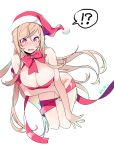  ! !? 1girl ? alternate_costume artist_name bare_arms bare_shoulders blush bow breast_hold breasts cleavage commentary_request hat large_breasts long_hair looking_at_viewer naked_ribbon nakiri_erina open_mouth red_bow red_neckwear red_ribbon ribbon santa_hat shokugeki_no_souma simple_background solo spoken_exclamation_mark spoken_question_mark uiui_(hage04195) very_long_hair white_background 