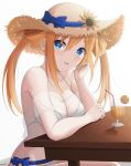  1girl bangs bare_arms bare_shoulders bendy_straw bikini blonde_hair blue_bow blue_eyes blue_ribbon blush bow breasts brown_headwear cleavage collarbone commentary_request cup drink drinking_glass drinking_straw eyebrows_visible_through_hair flower hair_between_eyes hair_rings halterneck hand_up hat hat_bow hat_flower highres keenh long_hair looking_at_viewer medium_breasts neptune_(series) orange_hair orange_heart parted_lips power_symbol ribbon see-through shin_jigen_game_neptune_vii signature simple_background sitting solo straw_hat string_bikini sunflower swimsuit symbol-shaped_pupils table twintails white_background white_bikini yellow_flower 