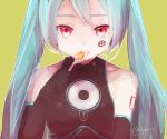  1girl aqua_hair bare_shoulders black_gloves black_shirt black_sleeves cd commentary detached_sleeves eating elbow_gloves facial_tattoo gears gloves green_background hatsune_miku holding holding_spoon key lady-ichiko long_hair looking_at_viewer open_mouth red_eyes sadistic_music_factory_(vocaloid) shirt shoulder_tattoo solo spoon tattoo twintails twitter_username vocaloid 