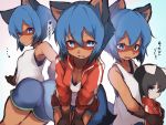  1girl absurdres animal_ears black_hair blue_eyes blue_shorts brand_new_animal breasts character_request cleavage commentary_request eyebrows_visible_through_hair fur furry hair_between_eyes height_difference highres jacket kagemori_michiru looking_at_viewer raccoon_ears raccoon_girl raccoon_tail red_jacket short_hair shorts small_breasts solo_focus tab_head tail 