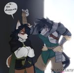  absurd_res anthro armor black_hair blush bottomwear canid canine canis clothing crossed_arms dialogue domestic_dog duo ear_piercing eyewear fantasy glasses hair hi_res male male/male mammal oro_(ungoliant) piercing shiba_inu shorts spitz wolf xealacanth 