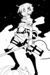  1girl bangs belt boots breasts closed_mouth dowman_sayman emblem glasses greyscale holding holding_sword holding_weapon knee_boots monochrome pants paradis_military_uniform rico_brzenska shingeki_no_kyojin short_hair solo sword thick_eyebrows thigh_strap three-dimensional_maneuver_gear weapon wire 