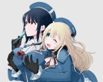  2girls absurdres ascot atago_(kantai_collection) beret black_gloves black_hair blonde_hair blue_headwear breast_grab breasts commentary_request from_behind gloves grabbing green_eyes grey_background hat highres kantai_collection large_breasts long_hair military military_uniform multiple_girls one_eye_closed pen red_eyes short_hair simple_background smile takao_(kantai_collection) toriniku_senshi_chikinman uniform upper_body white_neckwear 