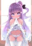  1girl ass_visible_through_thighs azur_lane bare_shoulders blush breasts commentary_request detached_sleeves dress dress_lift groin hair_bun highres indoors lifted_by_self long_hair looking_at_viewer mouth_hold navel nyahu_(nyahu_77) panties purple_eyes purple_hair side-tie_panties side_ponytail solo strapless strapless_dress thigh_gap thighhighs thighs underwear unicorn_(azur_lane) white_dress white_legwear white_panties window 