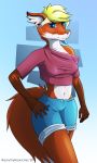 2020 3:5 anthro biped blonde_hair blue_bottomwear blue_clothing blue_eyes blue_shorts bottomwear canid canine clothing crop_top female fox gender-bend hair hi_res hotpants mammal midriff pink_clothing pink_shirt pink_topwear raunchyhaunches red_fox shirt shorts simple_background solo standing topwear 