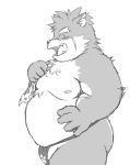  2018 anthro asian_clothing belly blush butt canid canine canis clothing dekatanu domestic_dog east_asian_clothing eyes_closed fundoshi japanese_clothing kemono male mammal monochrome moobs moritaka nipples overweight overweight_anthro overweight_male scar solo tokyo_afterschool_summoners underwear video_games 