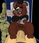  absurd_res anal anal_penetration animatronic anthro bow_tie brown_body clothing crossed_arms eyelashes five_nights_at_freddy&#039;s five_nights_at_freddy&#039;s_4 freddles_(fnaf) genitals green_body group hat headgear headwear hi_res human lagomorph leporid looking_away looking_pleasured machine male male/male mammal masturbation metal_penis penetration penile penile_masturbation penis plushtrap_(fnaf) plushtrapboyuwu rabbit robot sharp_teeth size_difference speech_bubble teeth text top_hat ursid vein veiny_penis video_games why wide_hips 