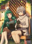 2girls :d animal animal_on_head aran_sweater artist_name bangs black_shirt black_skirt blue_eyes brown_skirt bunny cibella closed_mouth commentary crossed_legs dog dragalia_lost english_commentary eyebrows_visible_through_hair green_hair grey_hair hair_between_eyes hair_tubes heart hentaki highres hildegarde_(dragalia_lost) holding holding_animal leaves_in_wind long_hair mole mole_under_mouth multiple_girls on_bench on_head open_mouth pleated_skirt purple_eyes shirt short_hair sitting skirt smile sweater turtleneck turtleneck_sweater very_long_hair watermark web_address white_sweater 