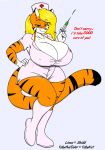  anthro breasts cleavage clothed clothing dialogue english_text felid female hair hi_res mammal nurse pantherine skidd solo syringe tabykat tabytha_starling text tiger 