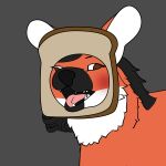  absurd_res ambiguous_gender black_nose bread brown_eyes canid canine crimsoncolored derp_eyes feral food fur grey_background hi_res in_bread mammal maned_wolf open_mouth orange_body orange_fur p&atilde;o_p&atilde;o reaction_image simple_background solo tongue tongue_out 