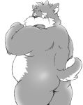  2018 anthro blush butt canid canine canis dekatanu domestic_dog kemono male mammal monochrome moritaka overweight overweight_anthro overweight_male scar simple_background solo tokyo_afterschool_summoners video_games white_background 