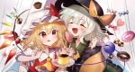  2girls :d absurdres black_headwear blonde_hair blush bow candy checkerboard_cookie clenched_hand closed_eyes cookie cupcake doughnut flandre_scarlet food glint hat hat_bow highres holding holding_spoon huge_filesize komeiji_koishi lollipop mob_cap multiple_girls omodaka_romu open_mouth orange_bow pudding red_eyes red_nails short_hair silver_hair simple_background smile spoon tongue tongue_out touhou upper_body white_headwear wings wrapped_candy yellow_neckwear 