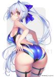  1girl ass back bangs blue_bow blue_swimsuit blush bow breasts fate/grand_order fate_(series) hair_between_eyes hair_bow highleg highleg_swimsuit hong_(white_spider) large_breasts long_hair looking_at_viewer looking_back one-piece_swimsuit ponytail red_eyes silver_hair simple_background swimsuit thighs tomoe_gozen_(fate/grand_order) tomoe_gozen_(swimsuit_saber)_(fate) two-tone_swimsuit white_background white_swimsuit 