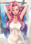  1girl blue_eyes breasts collarbone commentary curvy earrings english_commentary eyeliner facial_tattoo facing_viewer forehead foxyrain hands_in_hair heart heart_earrings highres indoors jewelry k/da_(league_of_legends) large_breasts league_of_legends lips long_hair looking_at_viewer makeup naked_towel pink_hair seraphine_(league_of_legends) smile solo tattoo towel very_long_hair wet wet_hair 