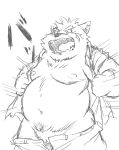 2018 anthro belly bottomwear canid canine canis clothed clothing dekatanu domestic_dog kemono male mammal monochrome moobs moritaka nipples open_clothing open_shirt open_topwear overweight overweight_anthro overweight_male pants shirt solo tokyo_afterschool_summoners topwear undressing video_games 