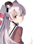  1girl absurdres amatsukaze_(kantai_collection) bangs blush brown_dress dress eyebrows_visible_through_hair hair_tubes head_tilt highres huge_filesize kantai_collection long_hair orange_eyes sailor_collar sailor_dress silver_hair simple_background smile solo tetuw two_side_up upper_body white_background 