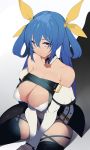  1girl absurdres belt black_legwear blue_hair blush breasts choker cleavage detached_sleeves dizzy_(guilty_gear) guilty_gear guilty_gear_x guilty_gear_xx hair_between_eyes hair_ribbon hair_rings highres large_breasts long_hair long_sleeves minma puffy_long_sleeves puffy_sleeves red_eyes ribbon twintails underboob underwear wings yellow_ribbon 