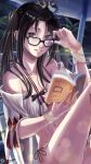  1girl adjusting_eyewear bare_shoulders beach_chair beach_umbrella bikini book brown_hair cape collarbone consort_yu_(fate) earrings fate/grand_order fate_(series) glasses grey_eyes hair_ornament highres holding holding_book jewelry long_hair looking_at_viewer multiple_earrings navel night palm_tree reading repurika side-tie_bikini sitting solo swimsuit tree twintails umbrella white_bikini white_cape wrist_straps yu_miaoyi_(swimsuit_lancer) 