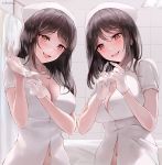  2girls artist_name blush breasts brown_eyes brown_hair chowbie cleavage collarbone commentary_request gloves hat large_breasts looking_at_viewer medium_hair multiple_girls navel nurse nurse_cap open_mouth original parted_lips putting_on_gloves short_sleeves tile_wall tiles white_gloves white_theme 