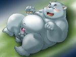  2010 anthro balls belly blush canid canine canis dekatanu domestic_dog duo erection genitals human kemono macro male mammal moobs nipples overweight overweight_male paws penis 